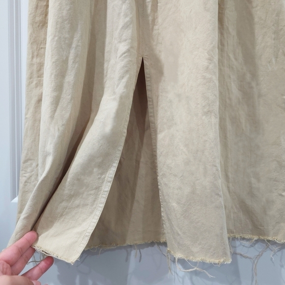Tan Linen Cotton Blend Elastic Waist Midi Skirt, Tie Belt, Front Slit, Pockets - Picture 5 of 14